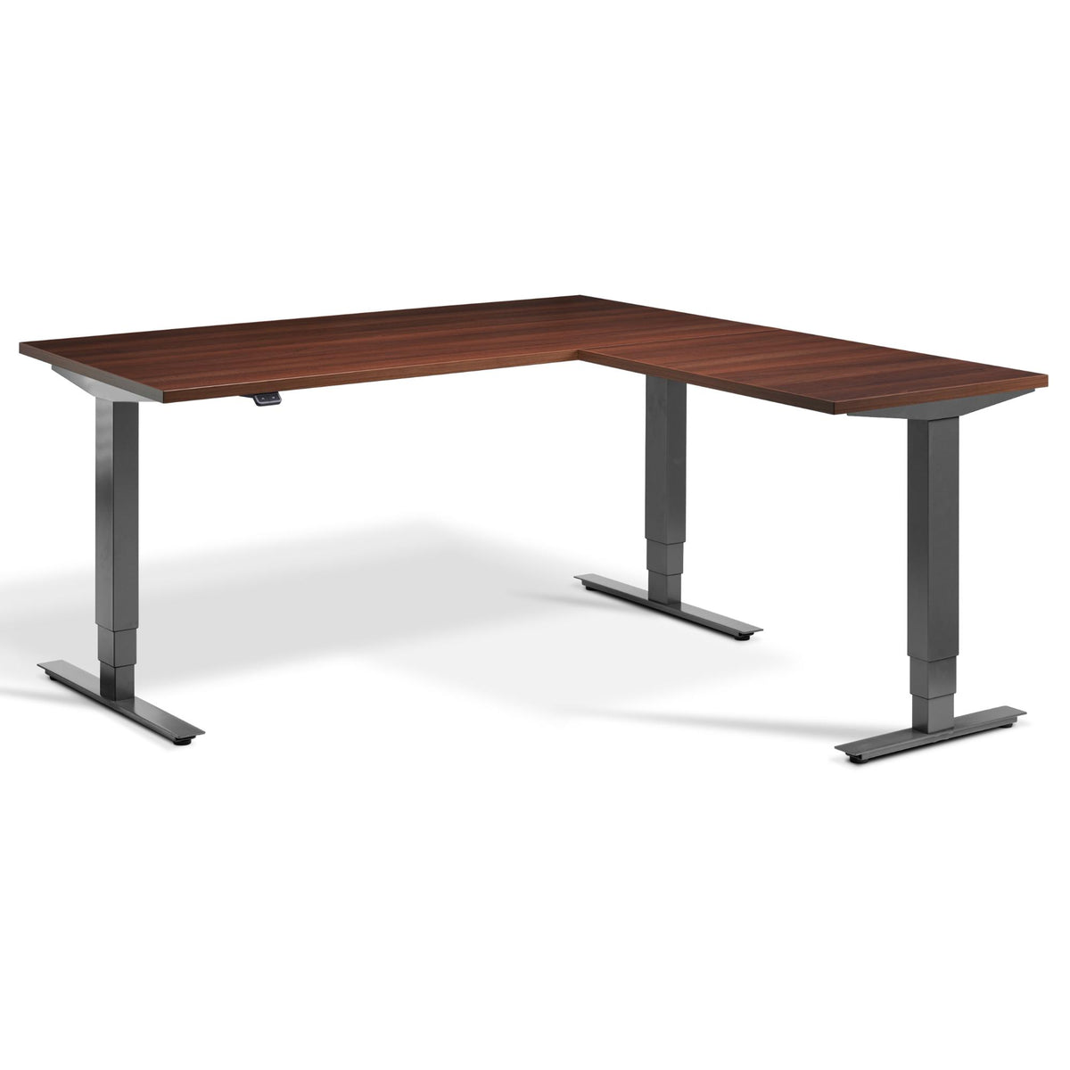L Shape Standing Desk - Masta Corner - Dark Grey Frame - Natural Dijon Walnut Top - Studio Image