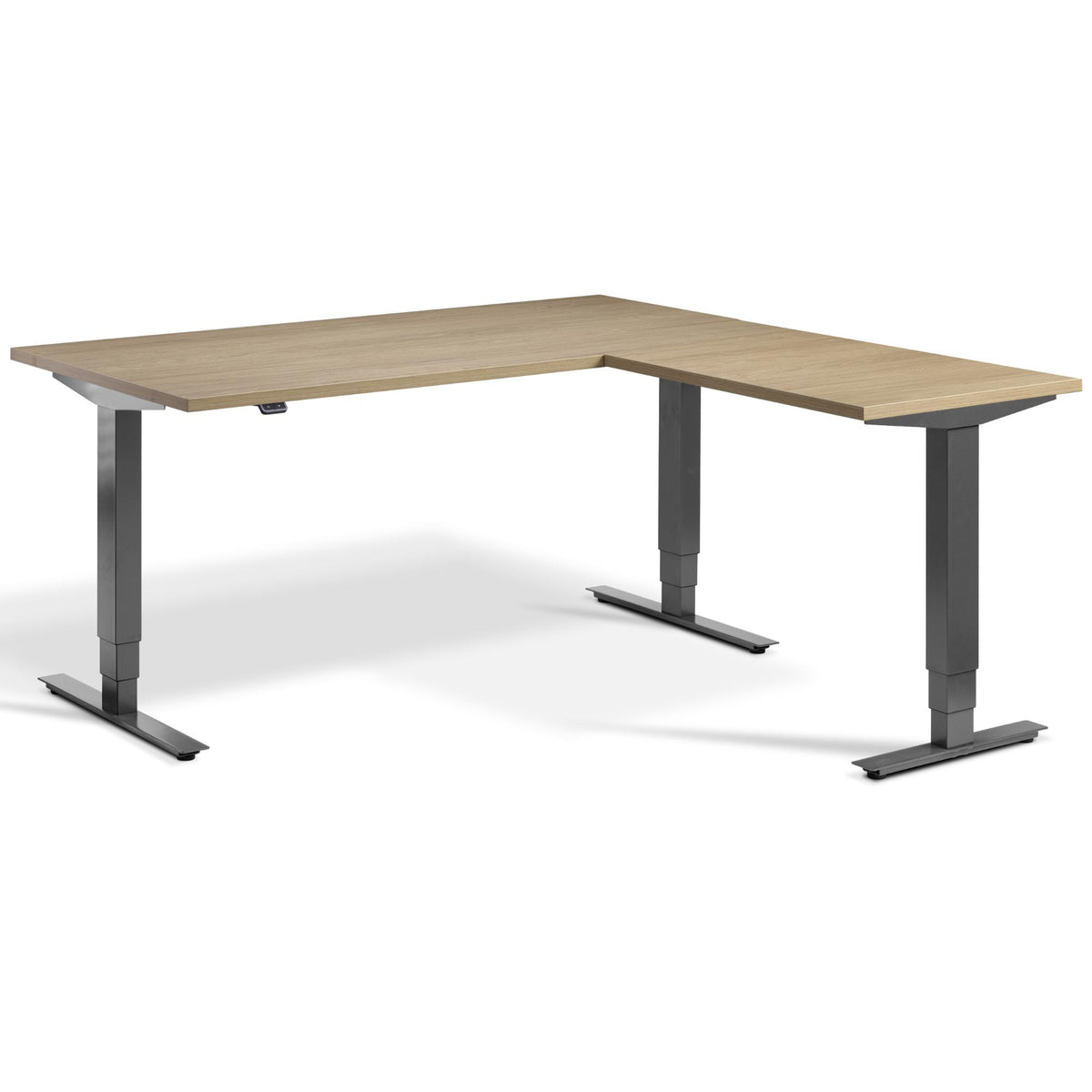 L Shape Standing Desk - Masta Corner - Dark Grey Frame - Natural Oak Top - Studio Image