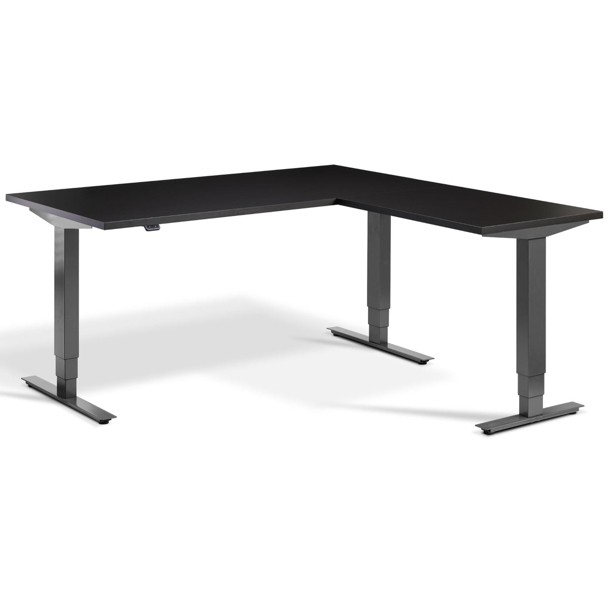 L Shape Standing Desk - Masta Corner - Dark Grey Frame - Soft Black Top - Studio Image