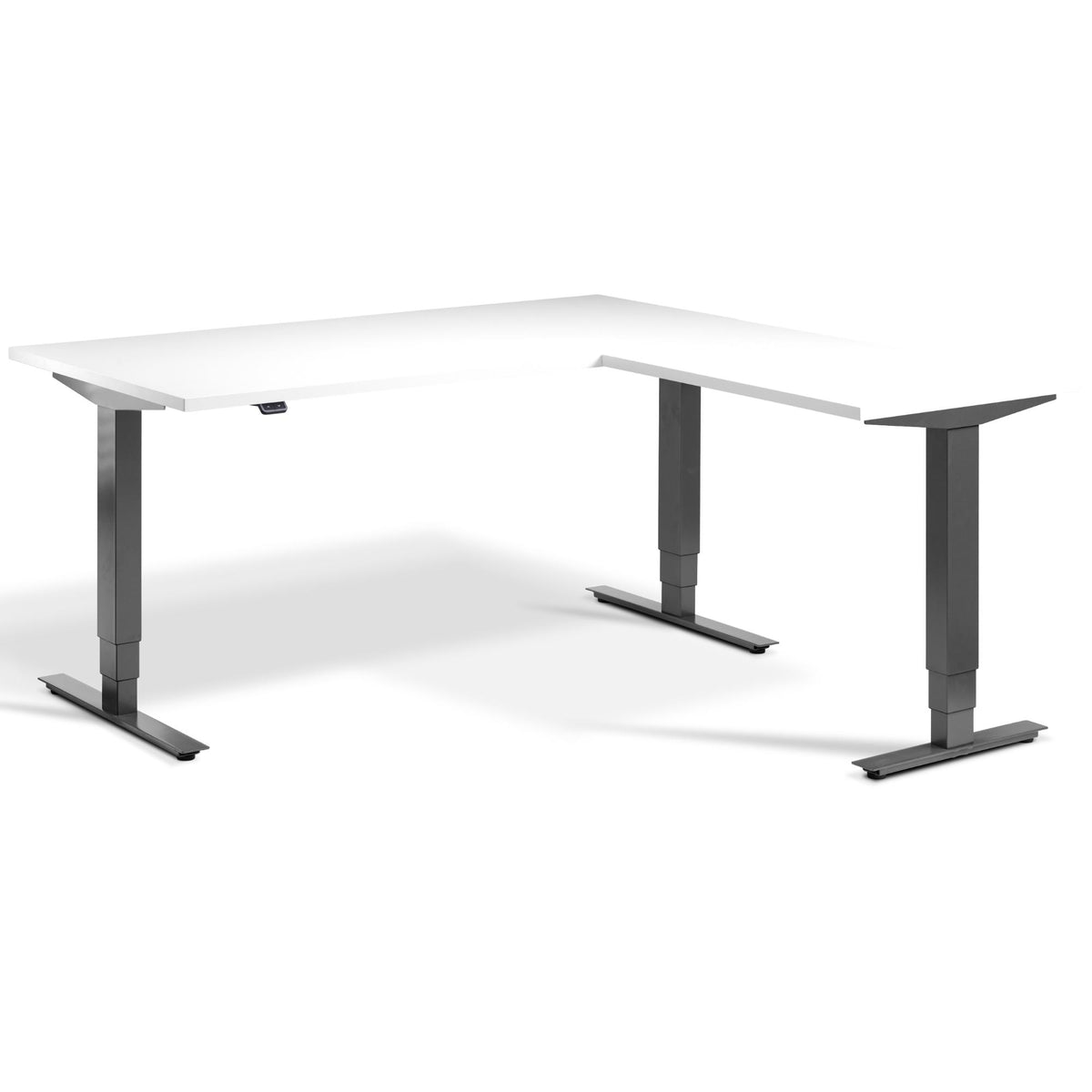 L Shape Standing Desk - Masta Corner - Dark Grey Frame - White Top - Studio Image