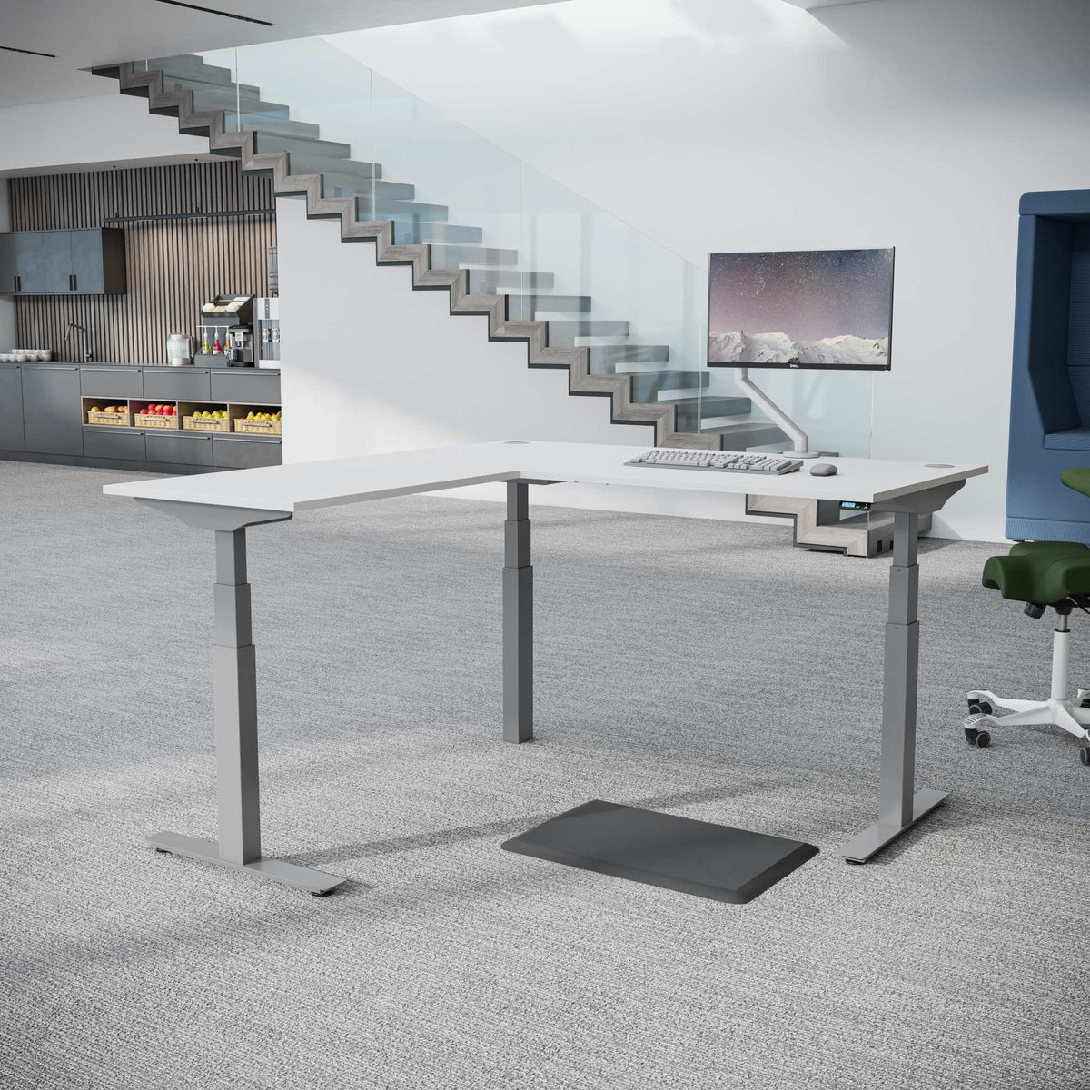 L Shape Standing Desk Frame - Kinetik-3+ - Silver Frame - White Top Rear View