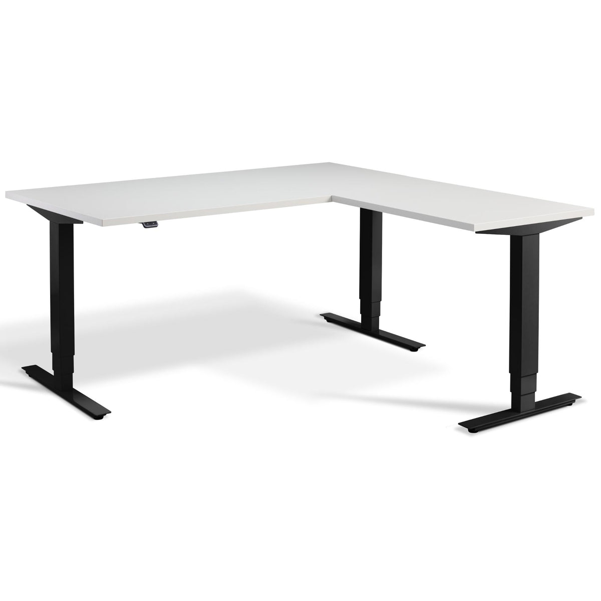 L Shaped Sit Stand Desk - Advance Corner - Black Frame - Light Grey Top - Studio Image