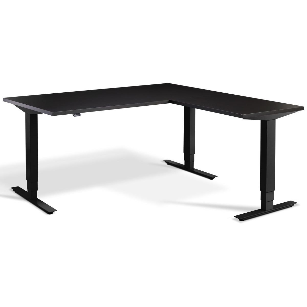 L Shaped Sit Stand Desk - Advance Corner - Black Frame - Soft Black Top - Studio Image