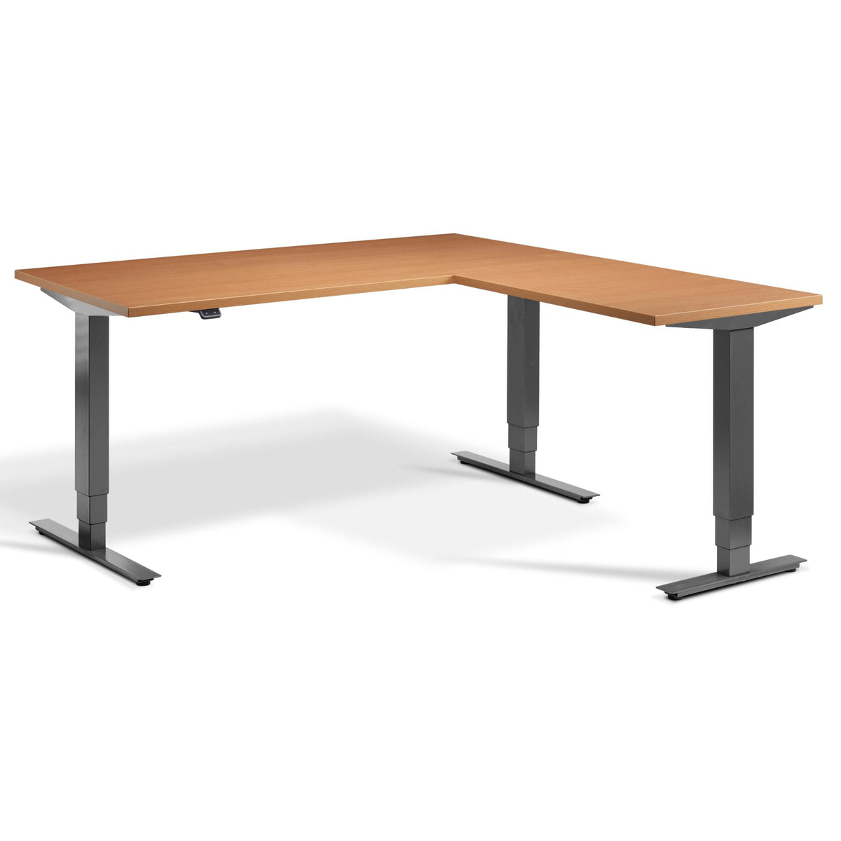 L Shaped Sit Stand Desk - Advance Corner - Dark Grey Frame - Beech Top - Studio Image