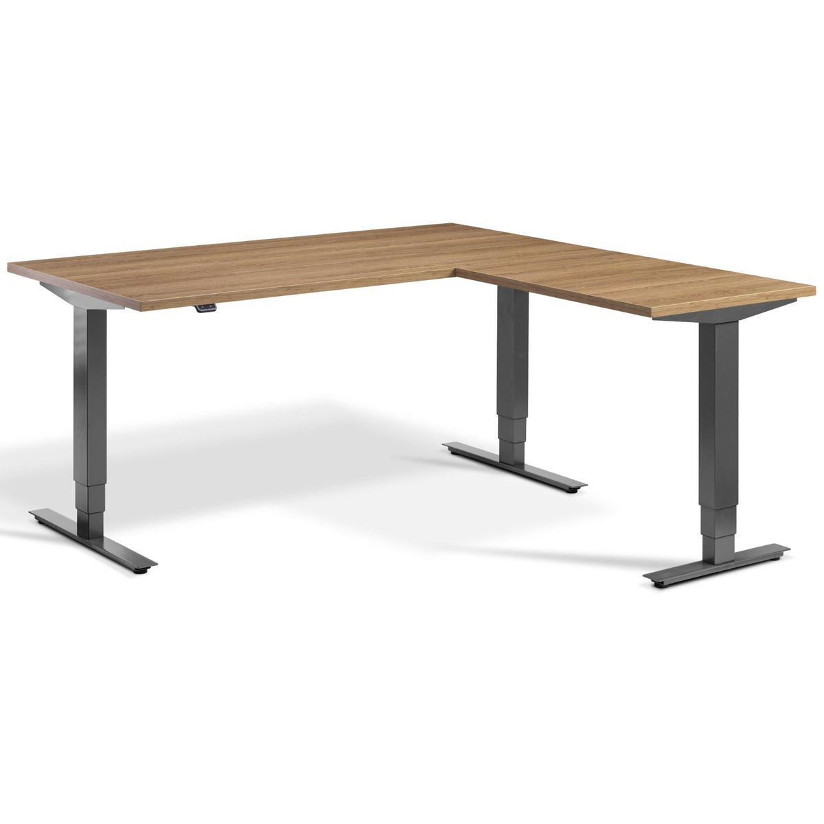 L Shaped Sit Stand Desk - Advance Corner - Dark Grey Frame - Brown Oak Top - Studio Image