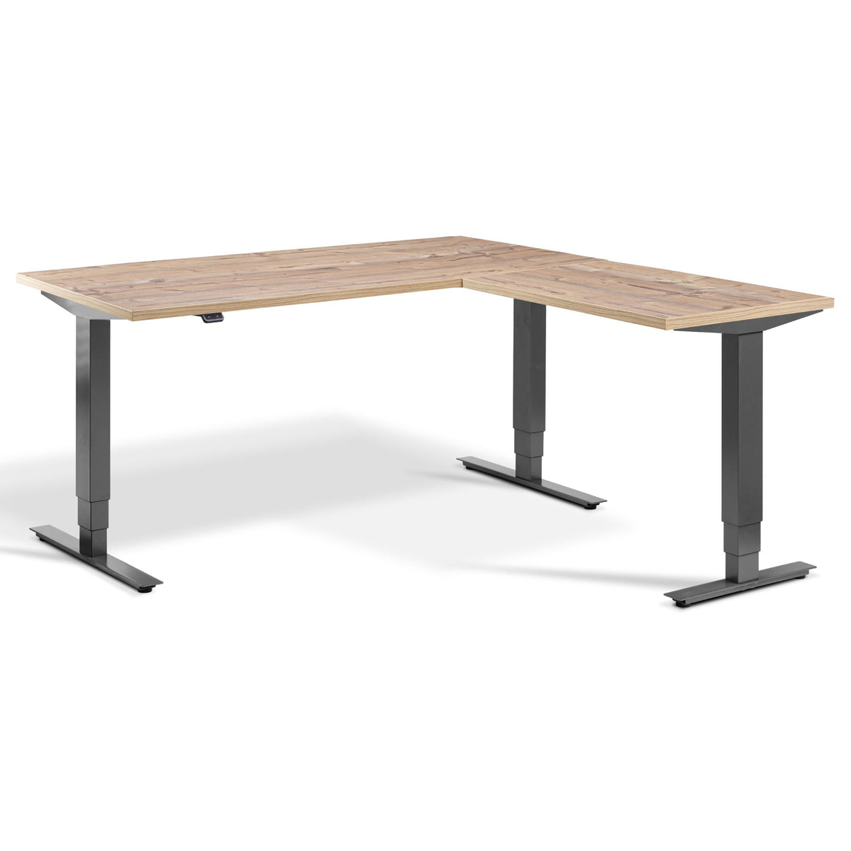 L Shaped Sit Stand Desk - Advance Corner - Dark Grey Frame - Timber Top - Studio Image