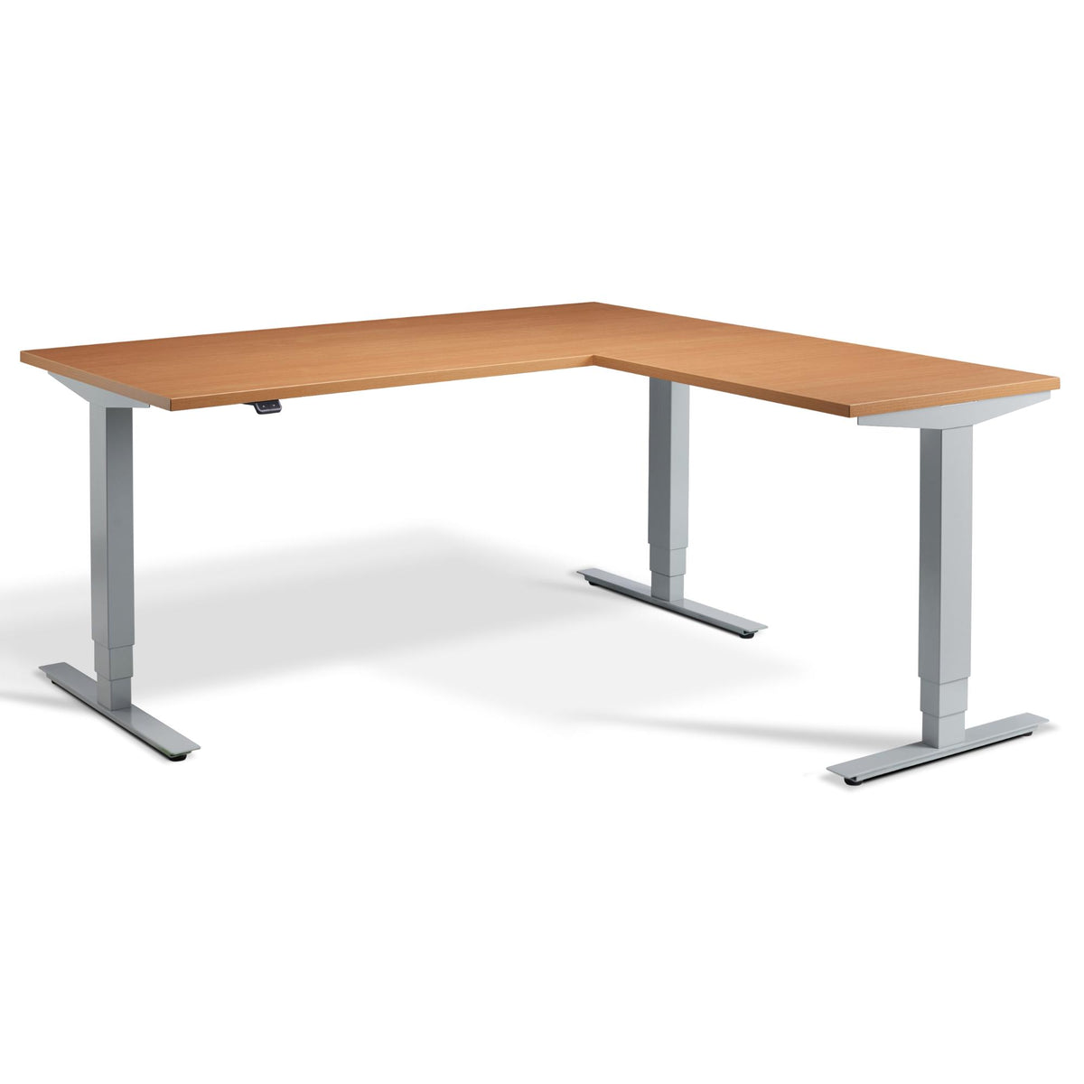 L Shaped Sit Stand Desk - Advance Corner - Silver Frame - Beech Top - Studio Image