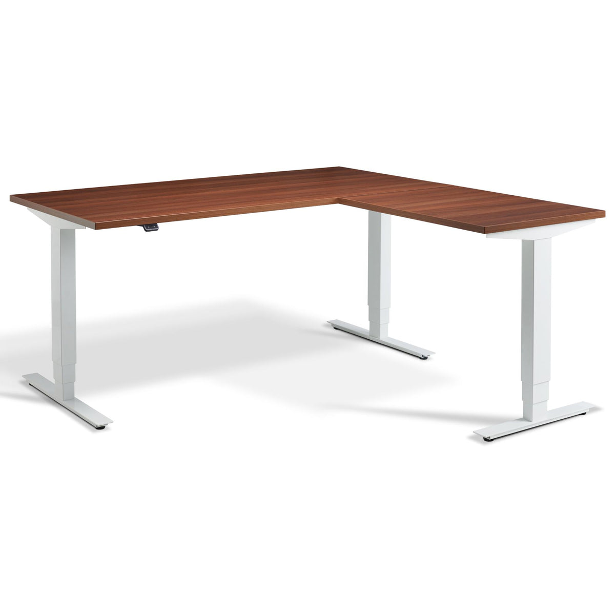 L Shaped Sit Stand Desk - Advance Corner - White Frame - Natural Dijon Walnut Top - Studio Image