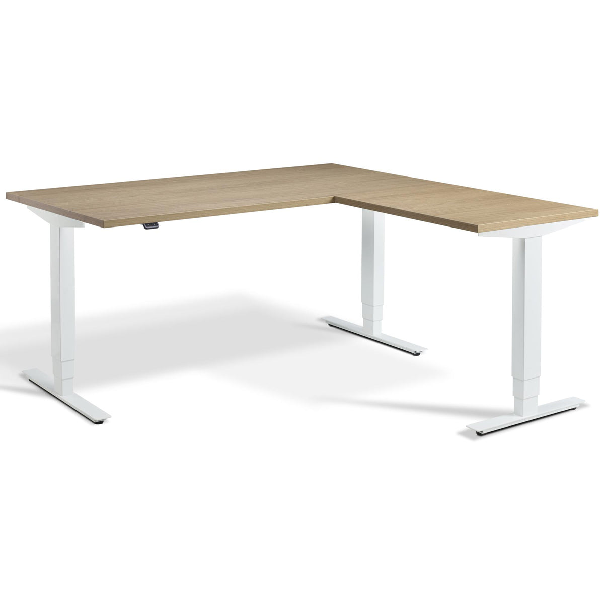 L Shaped Sit Stand Desk - Advance Corner - White Frame - Natural Oak Top - Studio Image