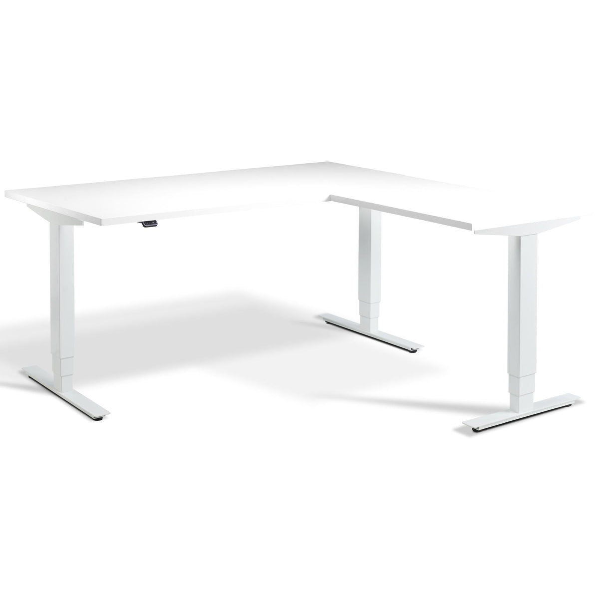 L Shaped Sit Stand Desk - Advance Corner - White Frame - White Top - Studio Image