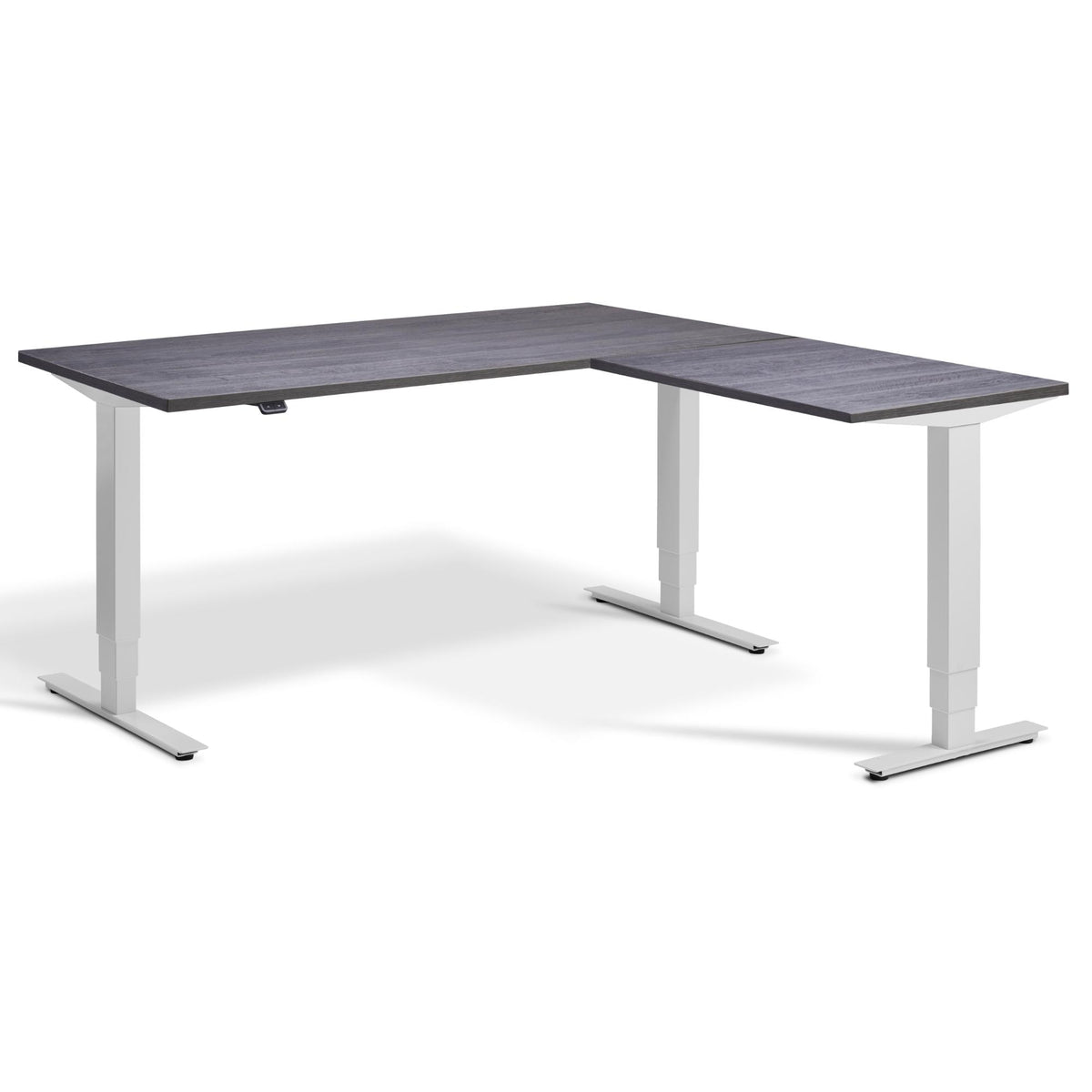 L Shaped Sit Stand Desk - Masta Corner - Light Grey Frame - Anthracite Sherman Oak Top - Studio Image