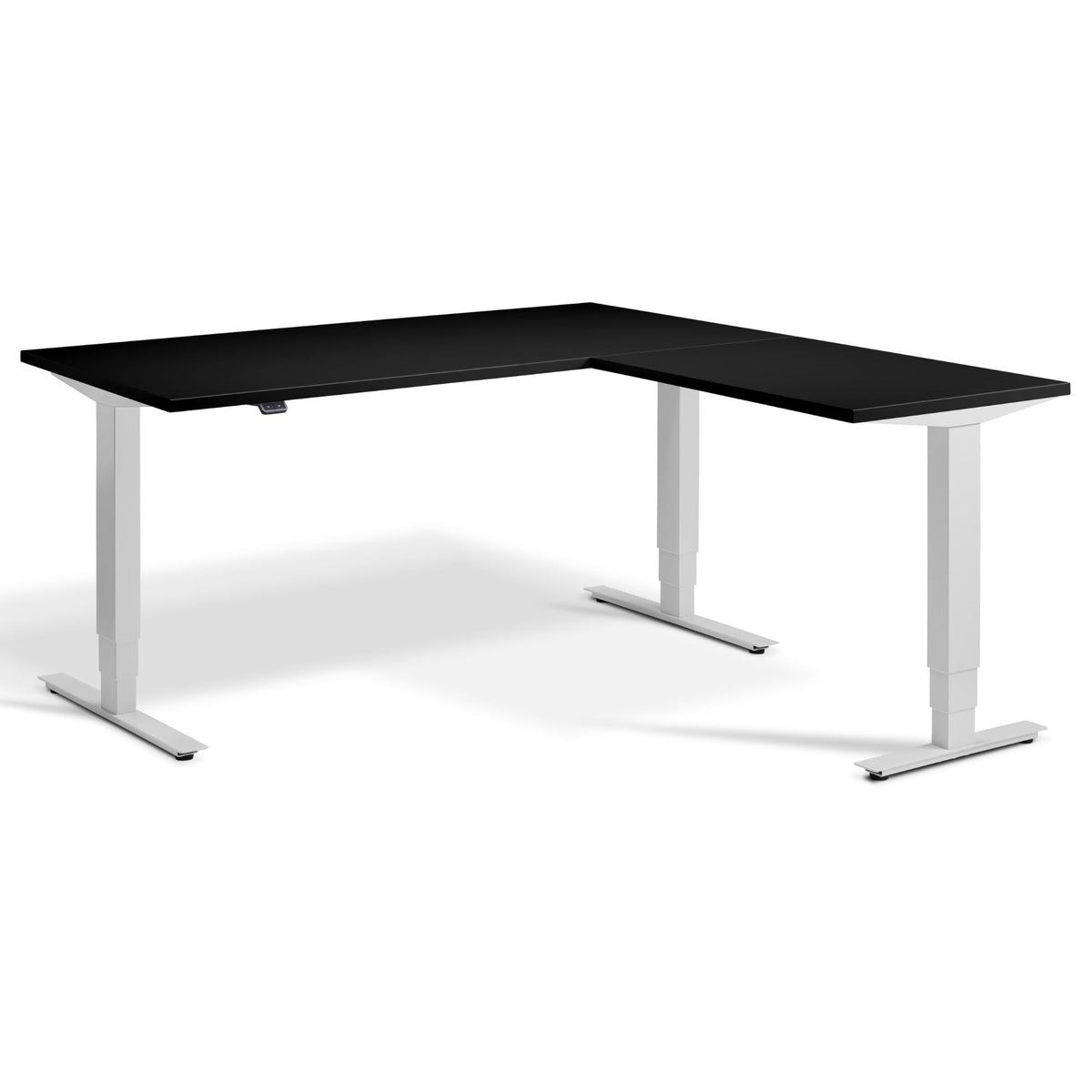 L Shaped Sit Stand Desk - Masta Corner - Light Grey Frame - Black Top - Studio Image