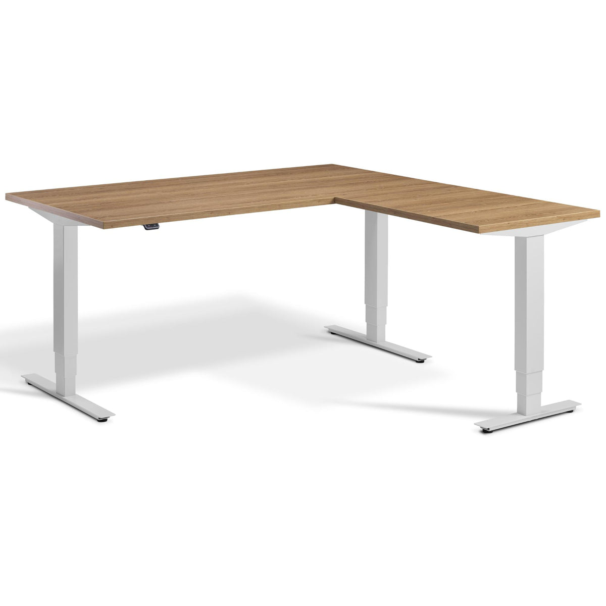 L Shaped Sit Stand Desk - Masta Corner - Light Grey Frame - Brown Oak Top - Studio Image