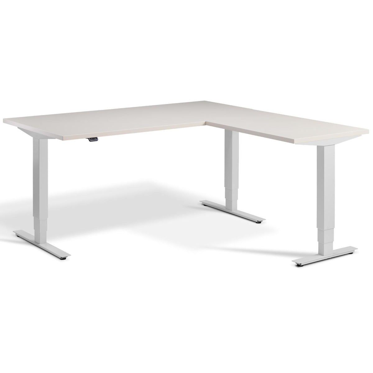 L Shaped Sit Stand Desk - Masta Corner - Light Grey Frame - Cashmere Top - Studio Image
