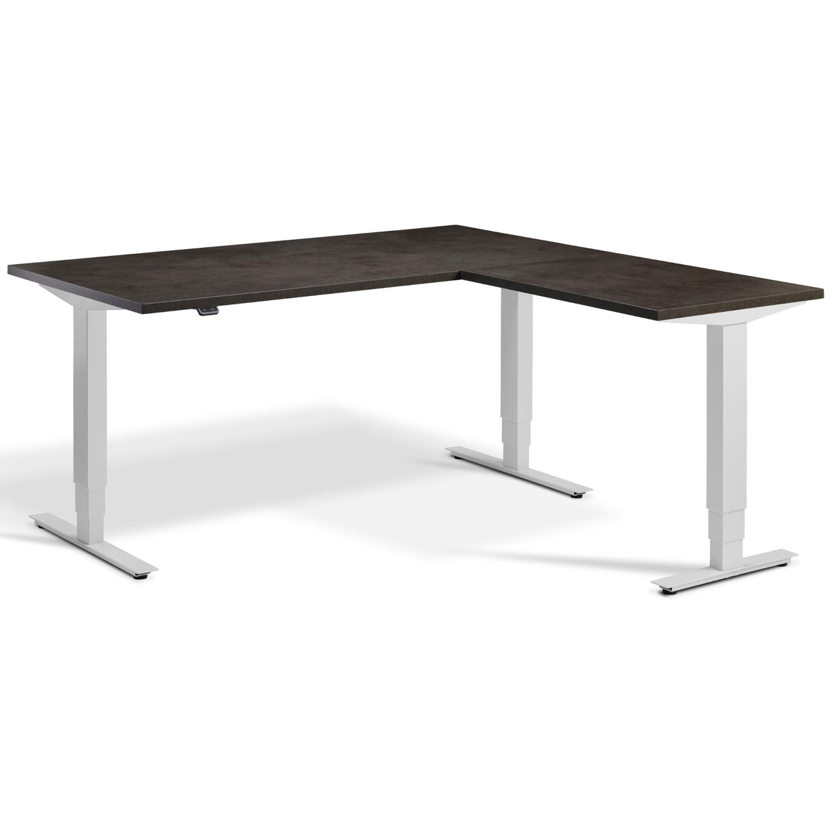 L Shaped Sit Stand Desk - Masta Corner - Light Grey Frame - Dark Concrete Top - Studio Image