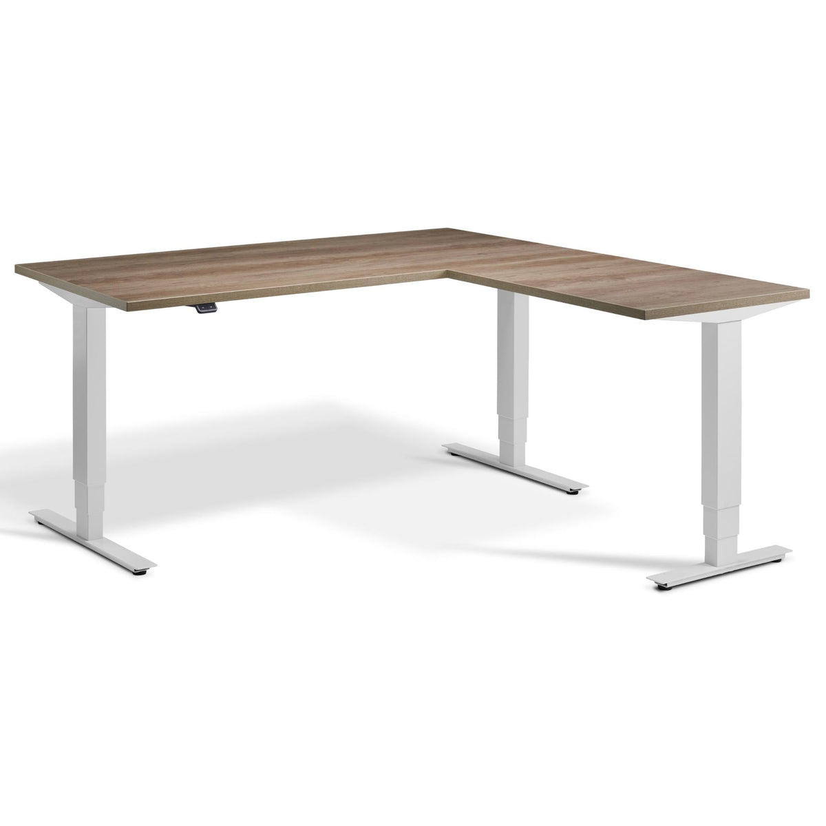 L Shaped Sit Stand Desk - Masta Corner - Light Grey Frame - Grey Nebraska Oak Top - Studio Image