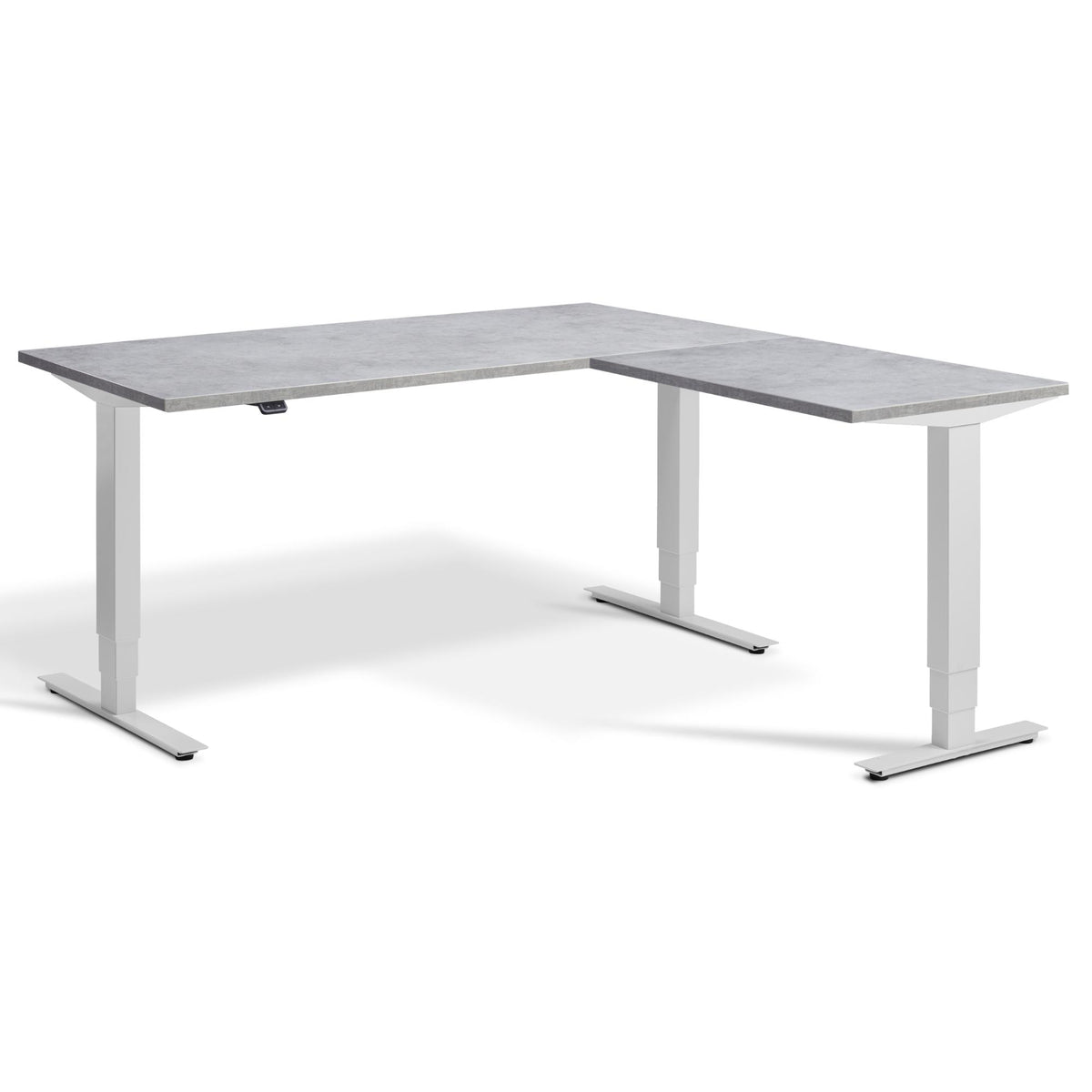 L Shaped Sit Stand Desk - Masta Corner - Light Grey Frame - Light Concrete Top - Studio Image