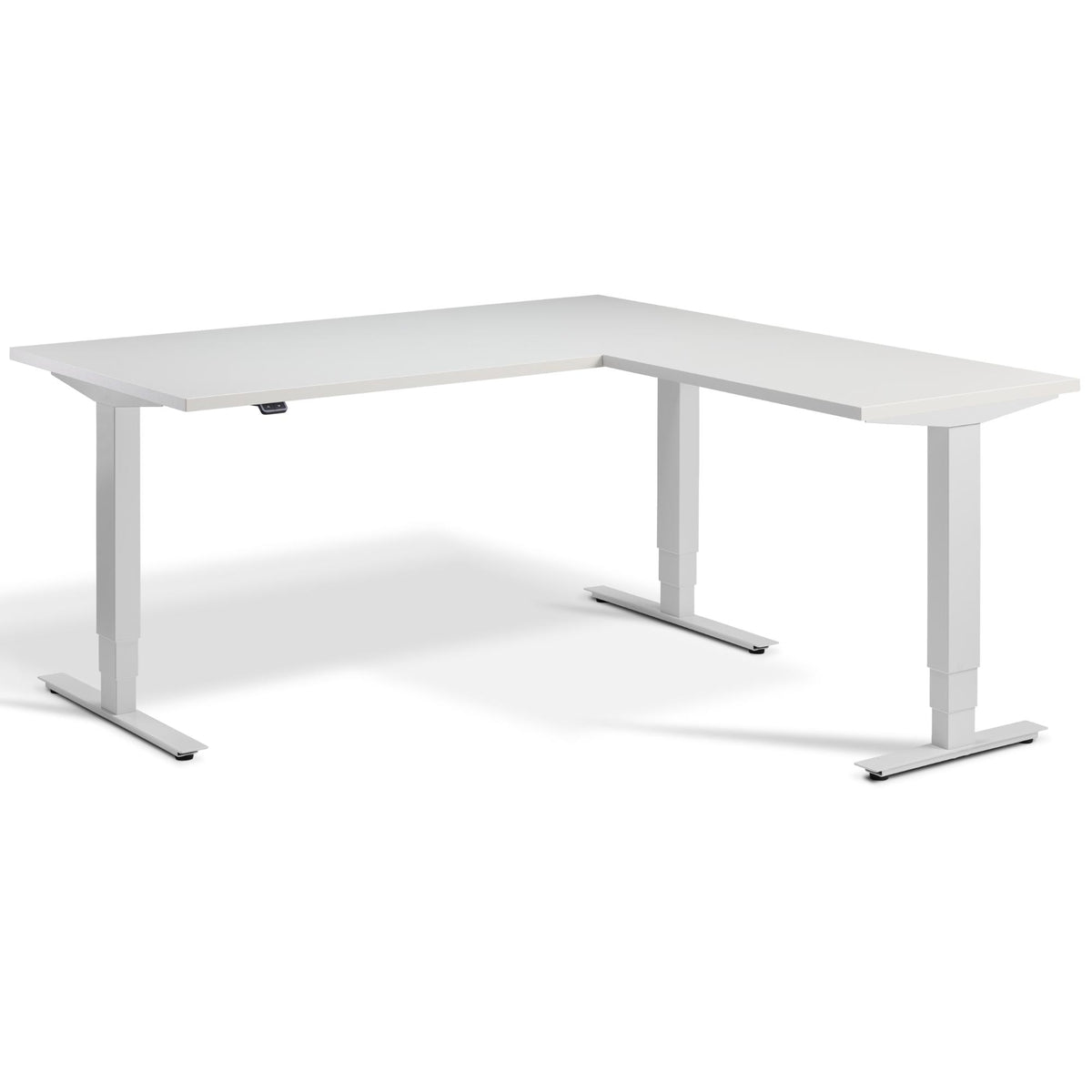 L Shaped Sit Stand Desk - Masta Corner - Light Grey Frame - Light Grey Top - Studio Image