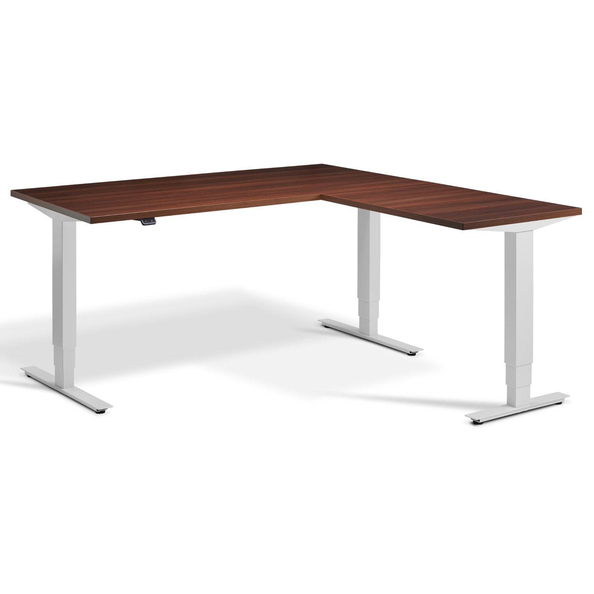 L Shaped Sit Stand Desk - Masta Corner - Light Grey Frame - Natural Dijon Walnut Top - Studio Image