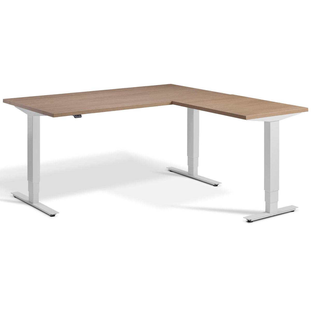 L Shaped Sit Stand Desk - Masta Corner - Light Grey Frame - Natural Oak Top - Studio Image