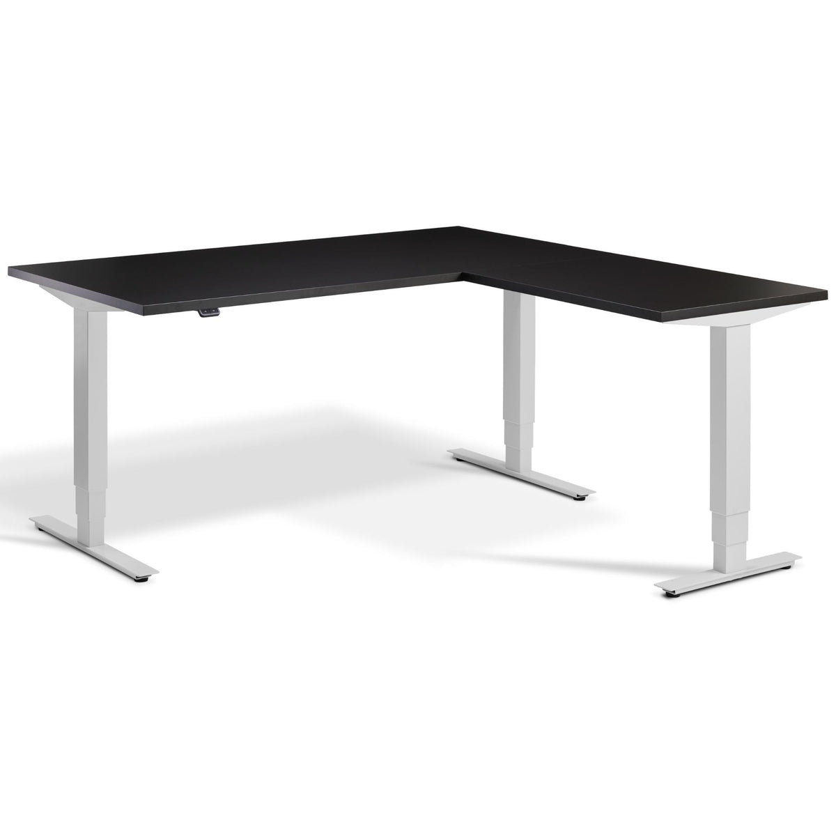 L Shaped Sit Stand Desk - Masta Corner - Light Grey Frame - Soft Black Top - Studio Image