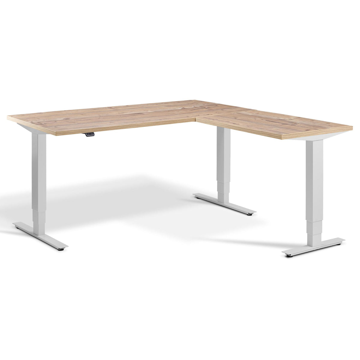 L Shaped Sit Stand Desk - Masta Corner - Light Grey Frame - Timber Top - Studio Image