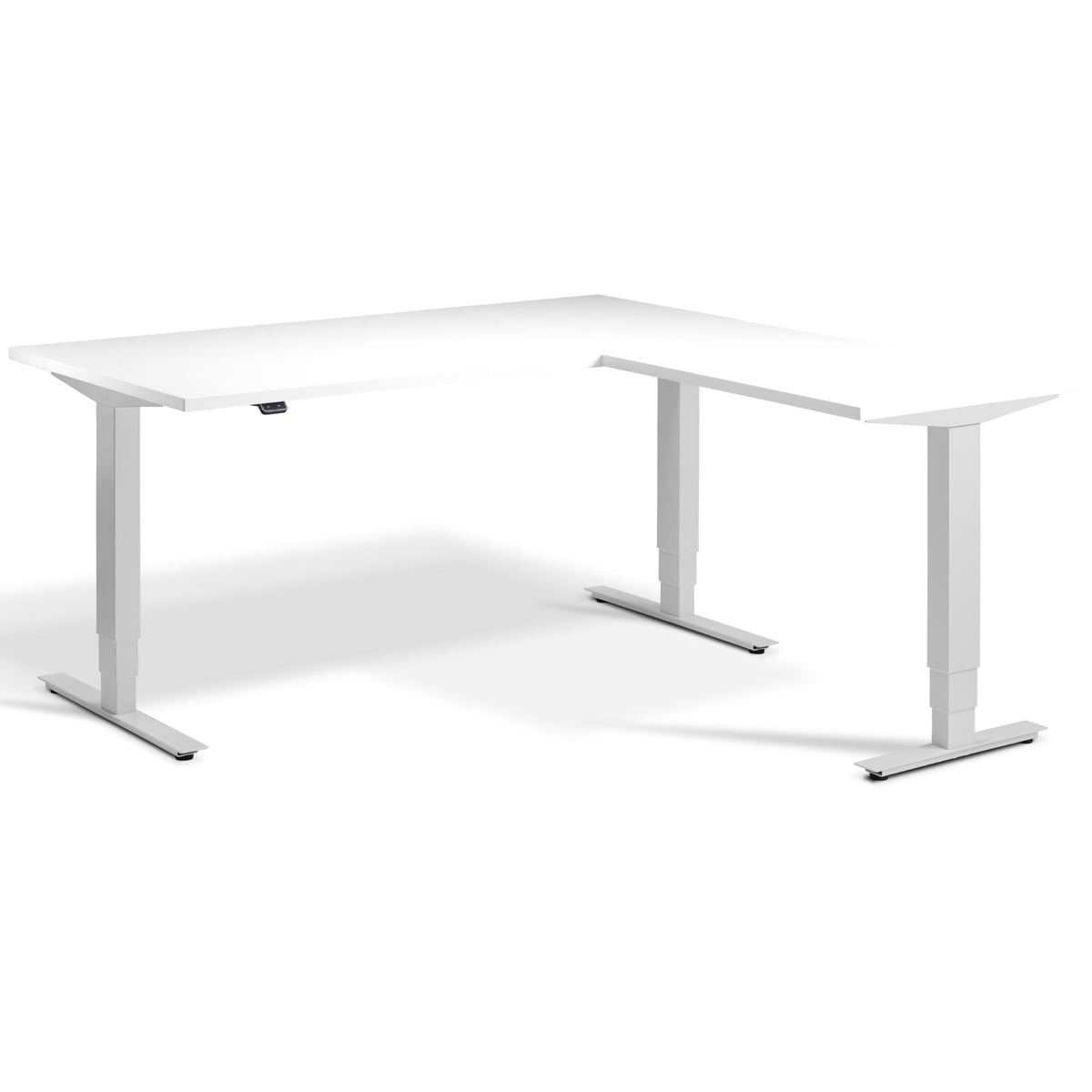 L Shaped Sit Stand Desk - Masta Corner - Light Grey Frame - White Top - Studio Image