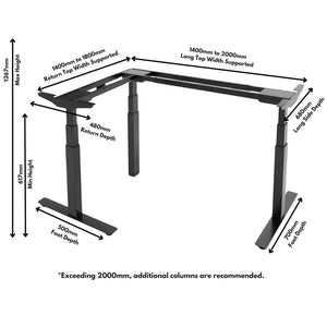 L Shaped Sit Stand Desk Frame - Kinetik-3+ Frame - Dimensions