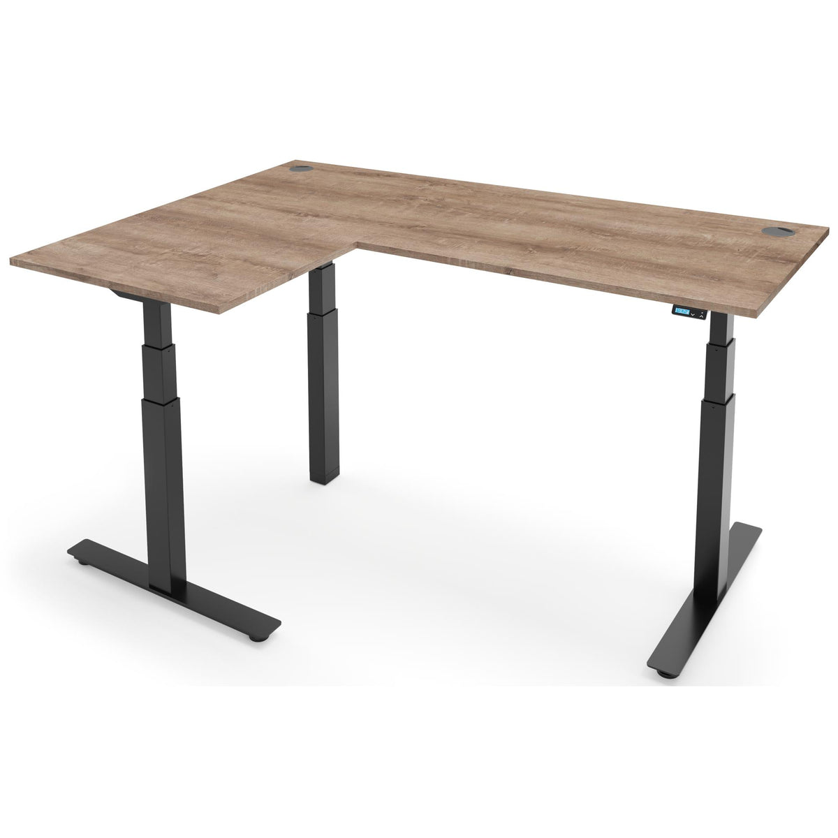 L Shaped Smart Desk - NeoActiv3+ - Black Frame - Grey Nebraska Oak Top - Studio Image