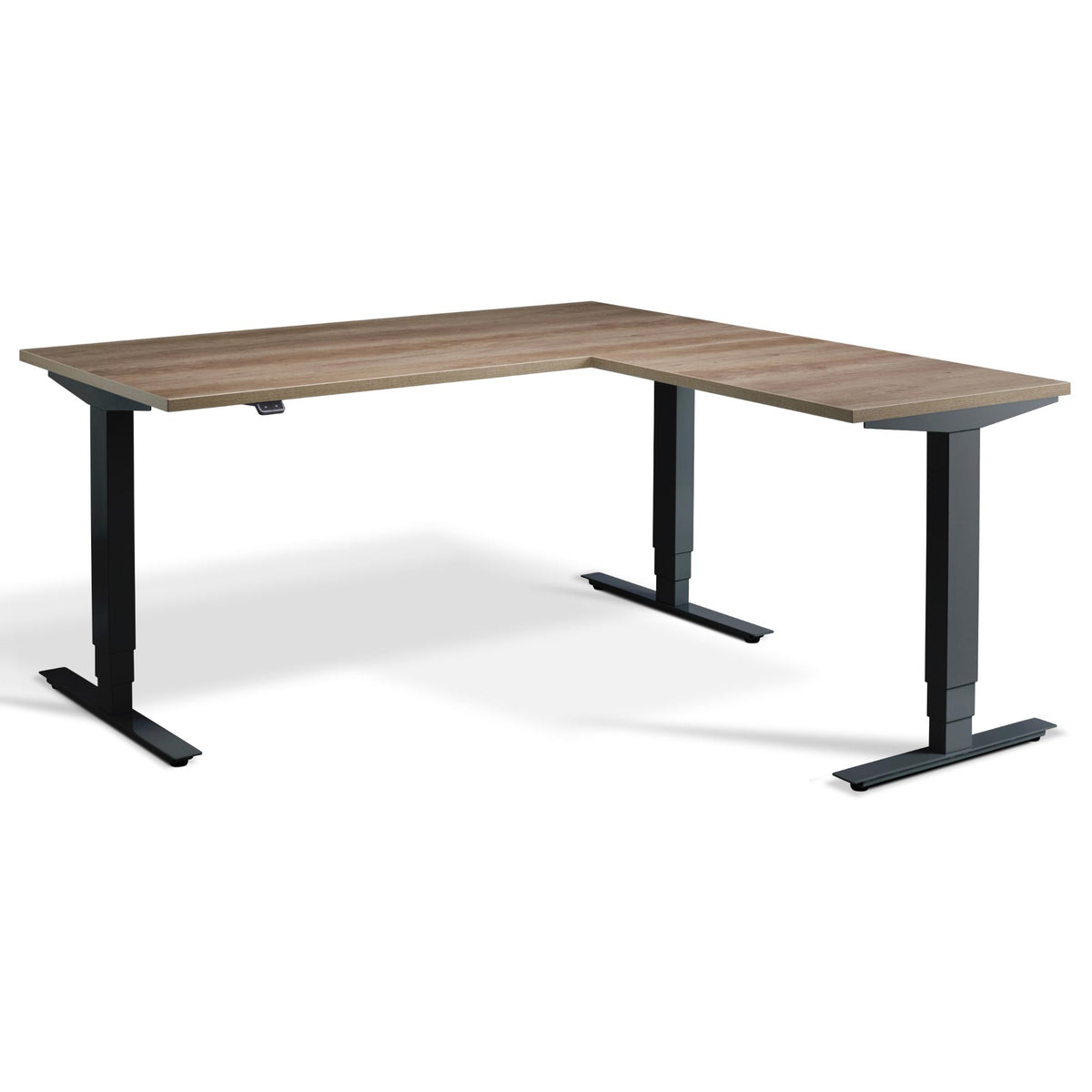L Shaped Standing Desk - Masta Corner - Black Frame - Grey Nebraska Oak Top - Studio Image