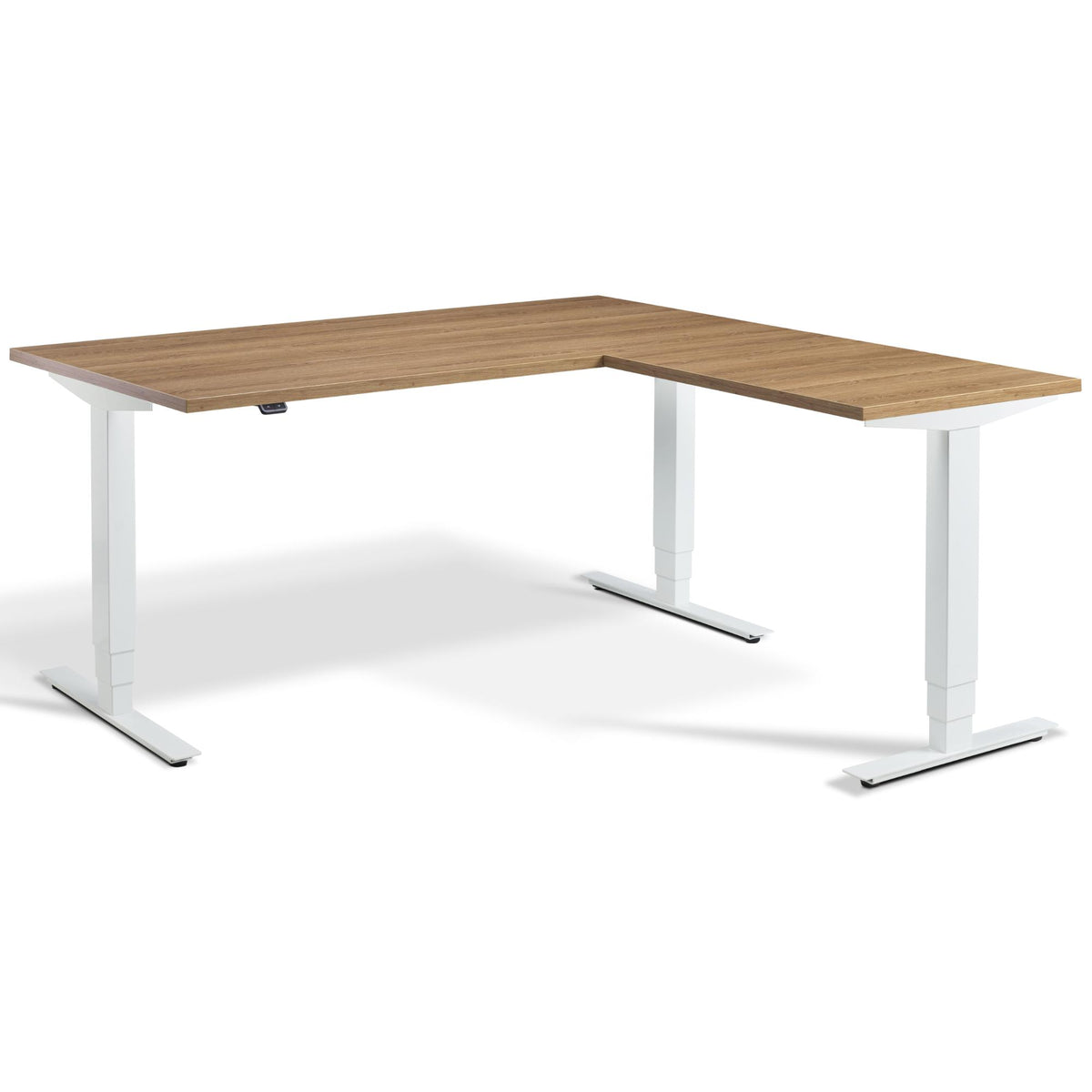 L Shaped Standing Desk - Masta Corner - White Frame - Brown Oak Top - Studio Image