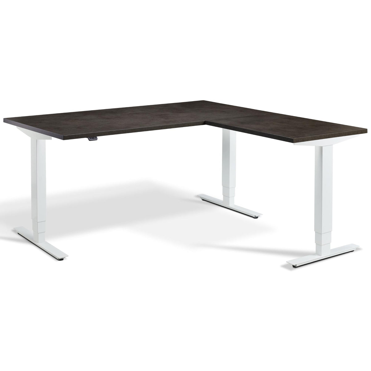 L Shaped Standing Desk - Masta Corner - White Frame - Dark Concrete Top - Studio Image