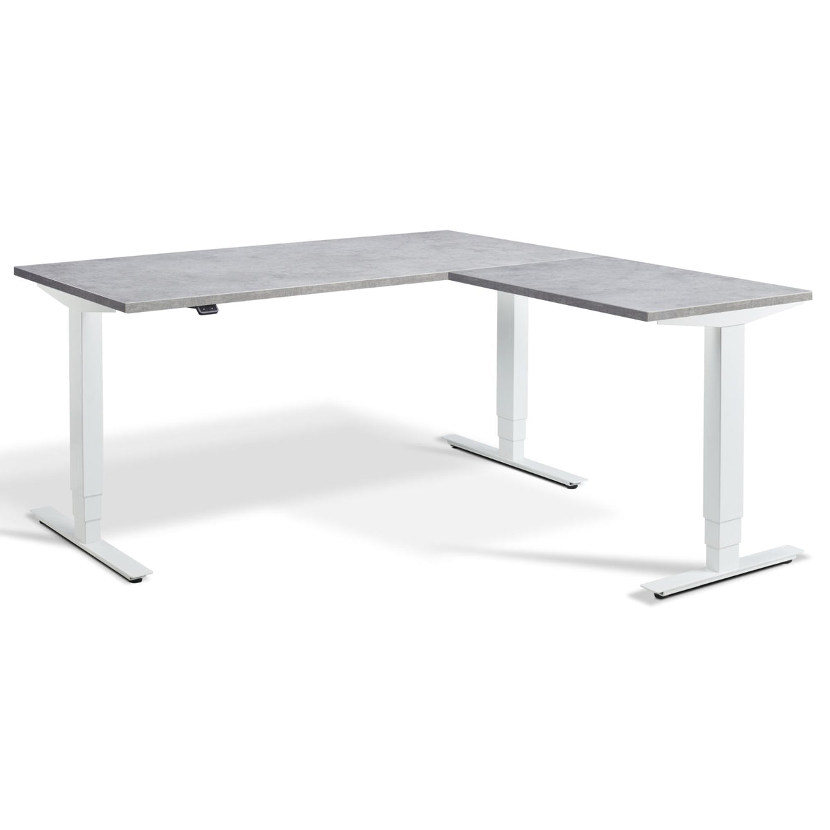 L Shaped Standing Desk - Masta Corner - White Frame - Light Concrete Top - Studio Image