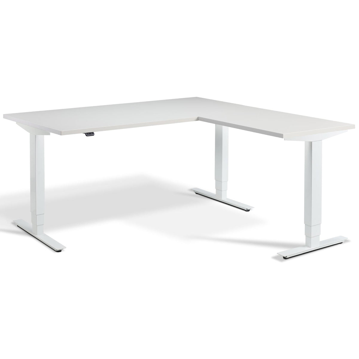 L Shaped Standing Desk - Masta Corner - White Frame - Light Grey Top - Studio Image