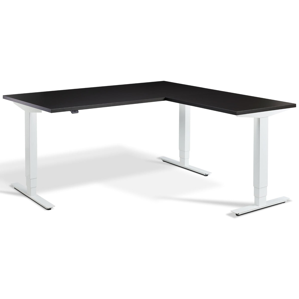 L Shaped Standing Desk - Masta Corner - White Frame - Soft Black Top - Studio Image