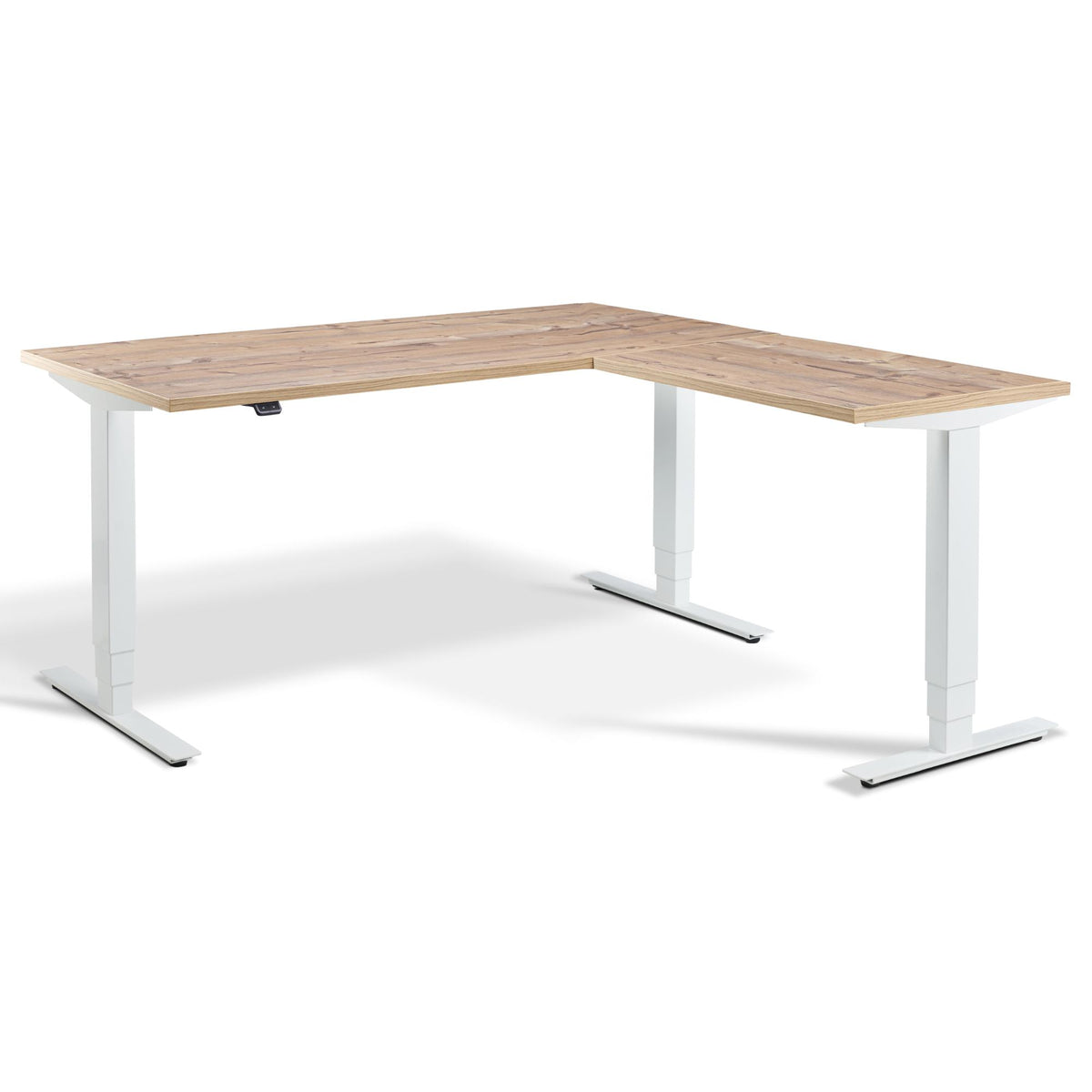 L Shaped Standing Desk - Masta Corner - White Frame - Timber Top - Studio Image