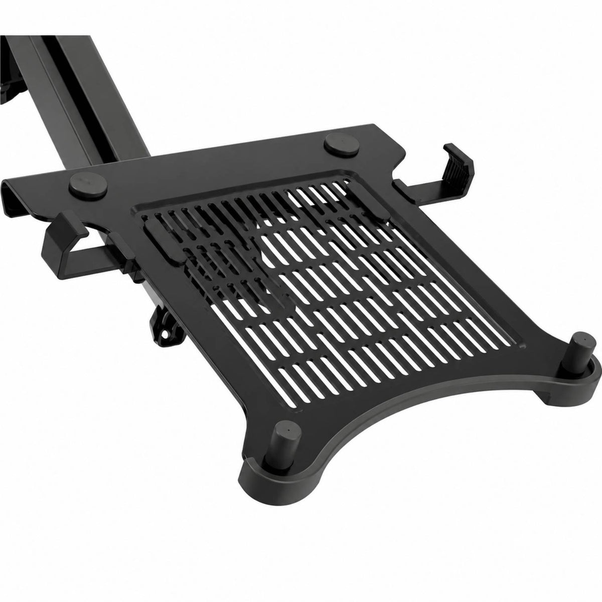 Laptop holder attachment for monitor arms with vented tray design