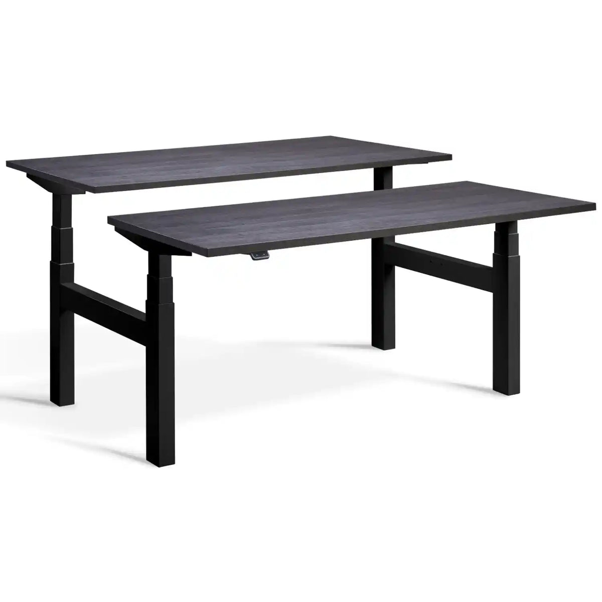 Lavoro Duo Standing Desk with black frame and Anthracite Sherman Oak desk tops