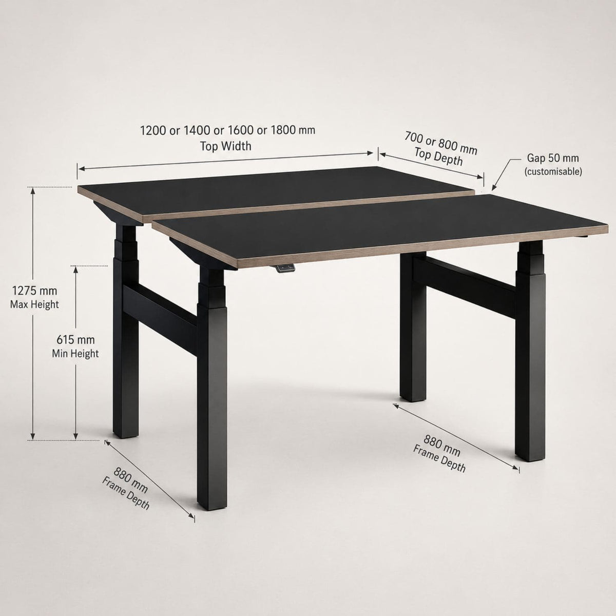 Lavoro Duo standing desk dimensions diagram with black frame and black desk tops