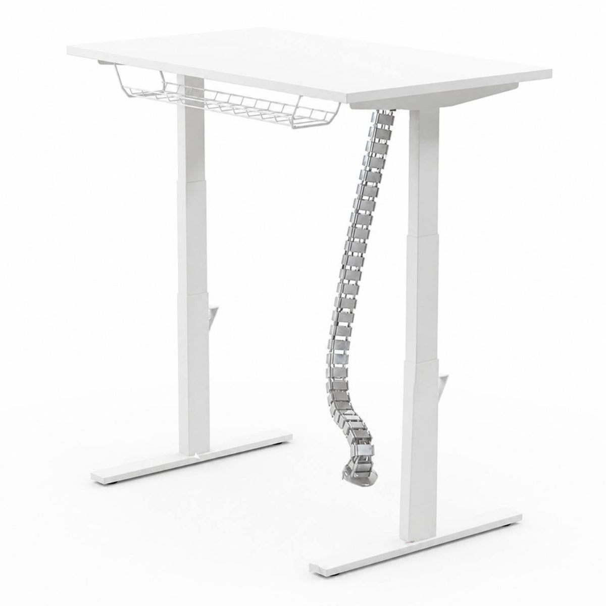 Leap cable spine in silver fitted beneath a white standing desk