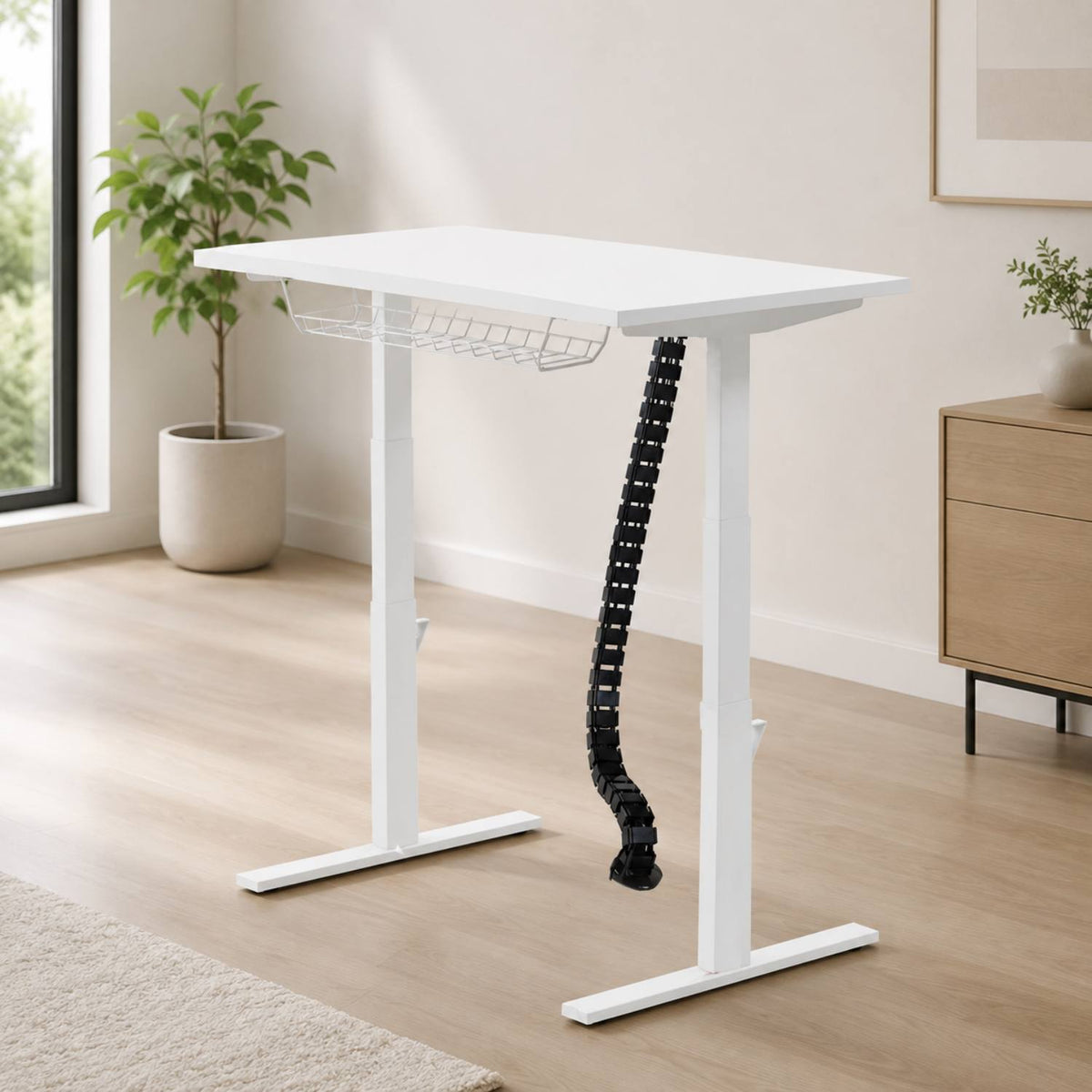 Leap cable spine with white standing desk and under desk cable basket