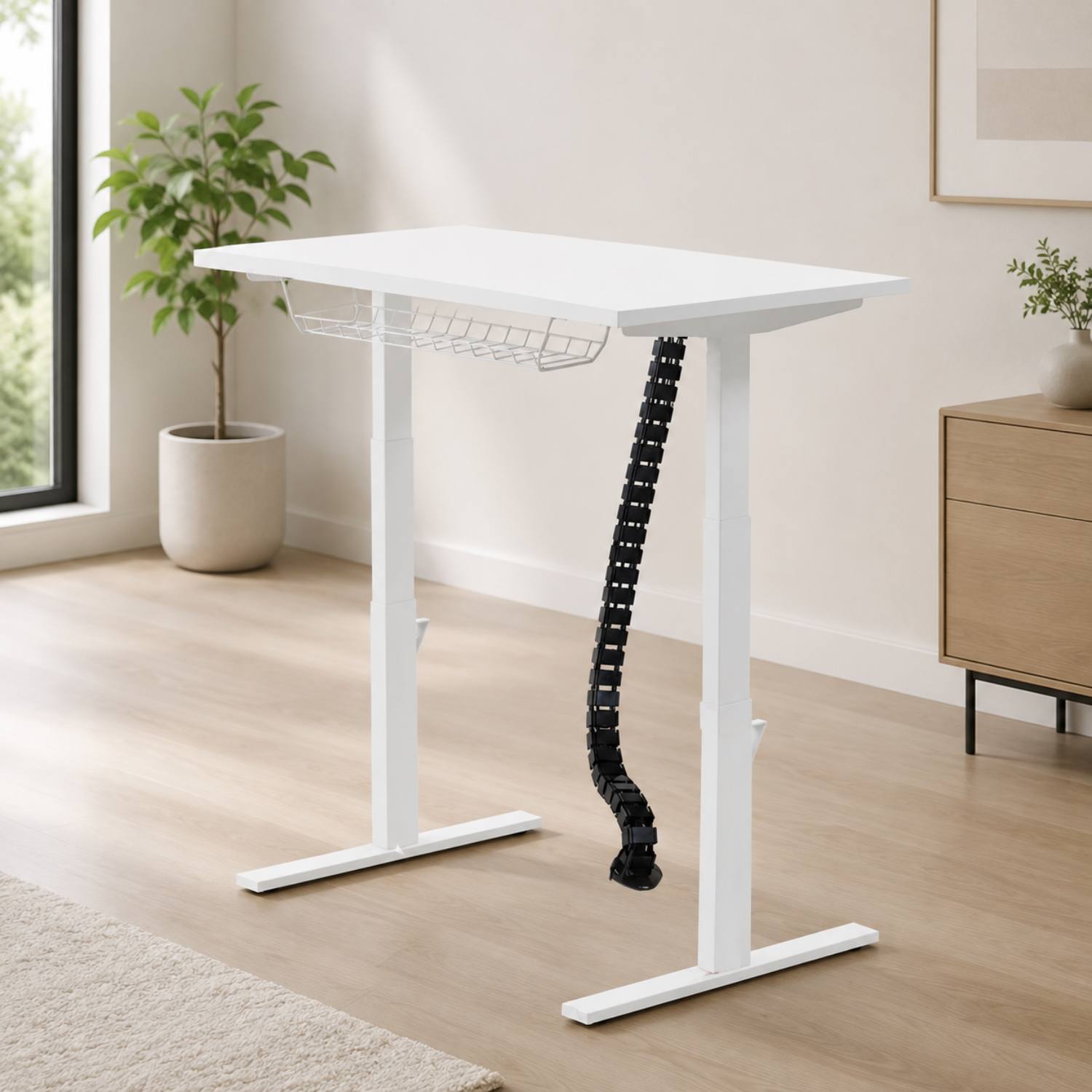 Leap cable spine with white standing desk and under desk cable basket