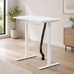 Leap cable spine with white standing desk and under desk cable basket