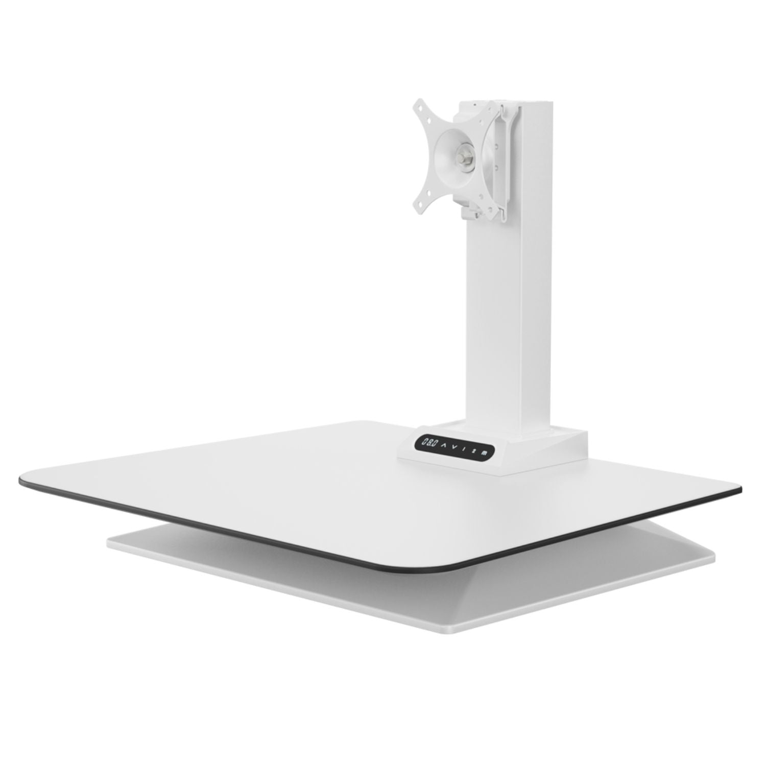 Leap electric sit stand desk converter in white with integrated monitor mount and electric height adjustment on a plain background