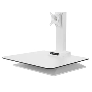 Leap electric sit stand desk converter in white with integrated monitor mount and electric height adjustment on a plain background