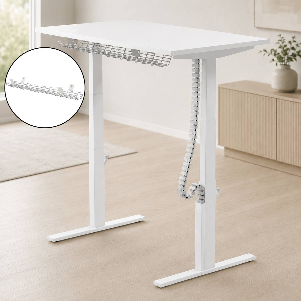 Leap narrow cable basket installed under a white standing desk in a modern office