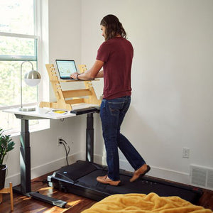 Man using Lifespan DT7 walking treadmill desk whilst working