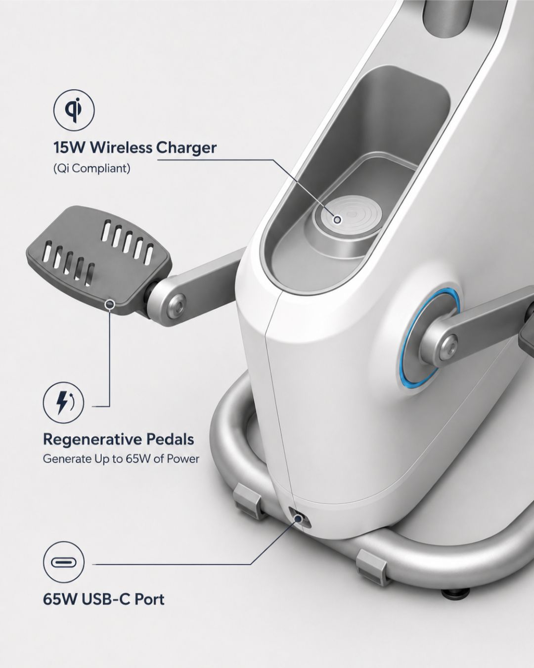 Lifespan Ampera Under Desk Bike with wireless charger, regenerative pedals, and USB-C port