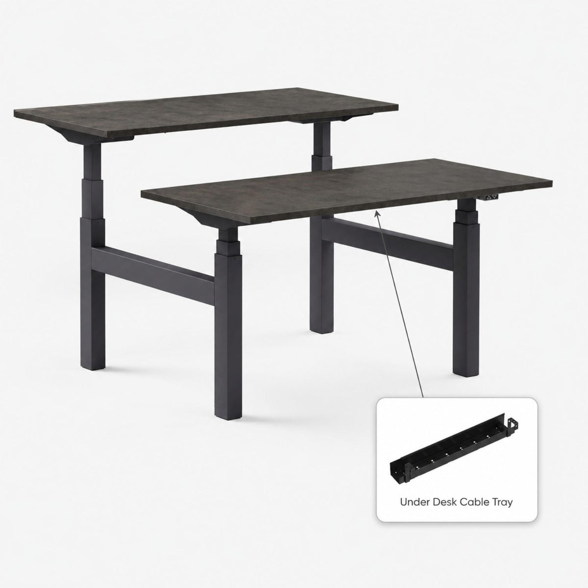 Lower Cable Tray for Standing Desk shown fitted on anthracite frame sit stand desk