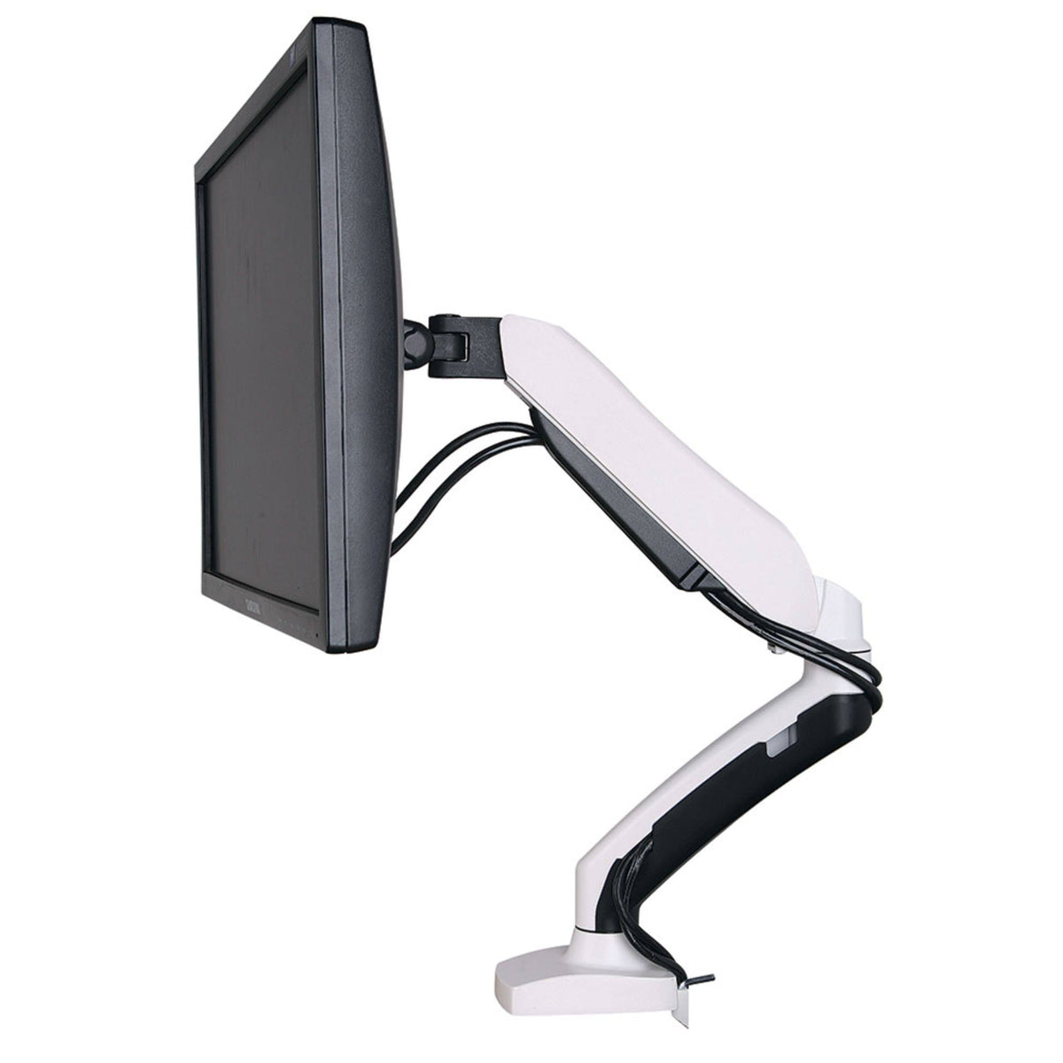 Luxora 1 Monitor Stand - White Variant - Left Side View with Mounted Monitor